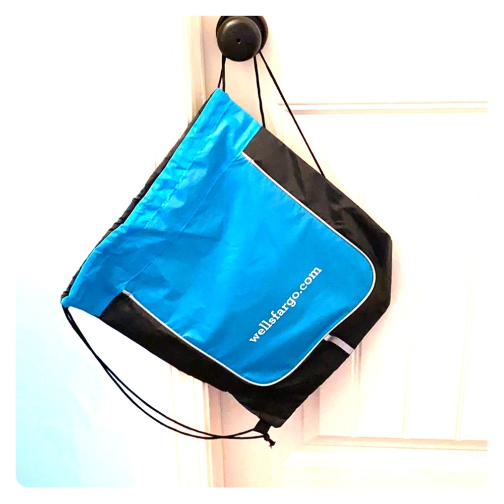 Blue and Black Wellsfargo.com Drawstring Bag